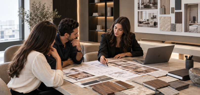 interior design company discussing plans with clients