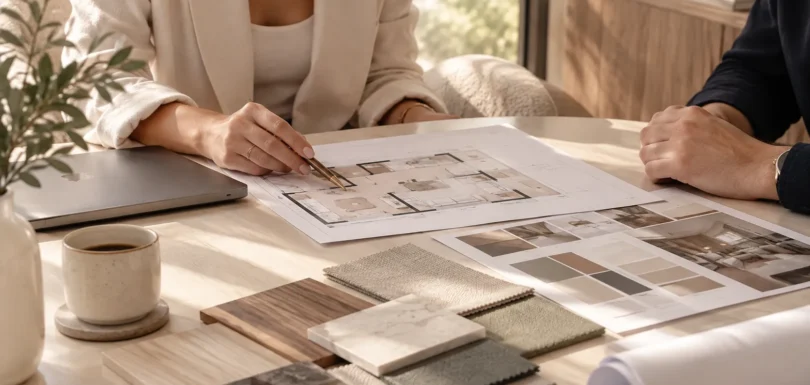 Interior design contract planning with clients reviewing floor plans, materials, and project details