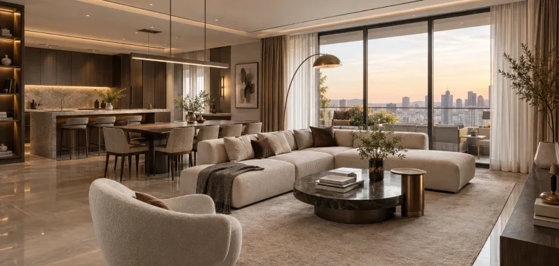Luxury apartment interior design with an open-plan living and dining area