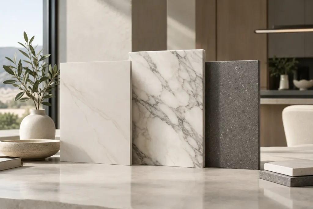 Porcelain vs Marble vs Engineered Stone materials displayed in a modern interior design setting.