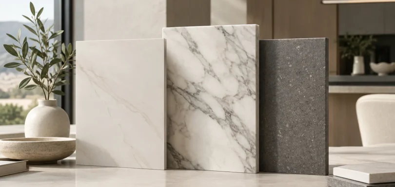 Porcelain vs Marble vs Engineered Stone materials displayed in a modern interior design setting.