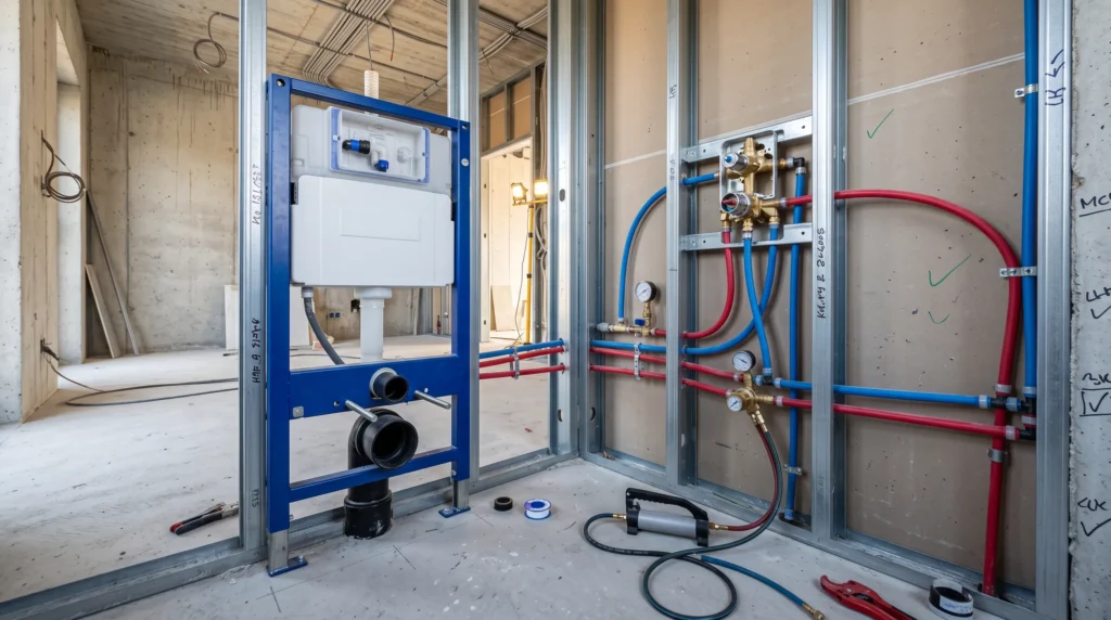 Concealed wall-hung toilet frame and in-wall mixer connections exposed during a plumbing pressure test