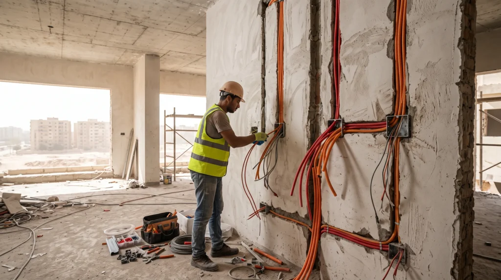 Electrician installing conduits and cabling in a plastered wall before the finishing stage of a luxury apartment fit-out