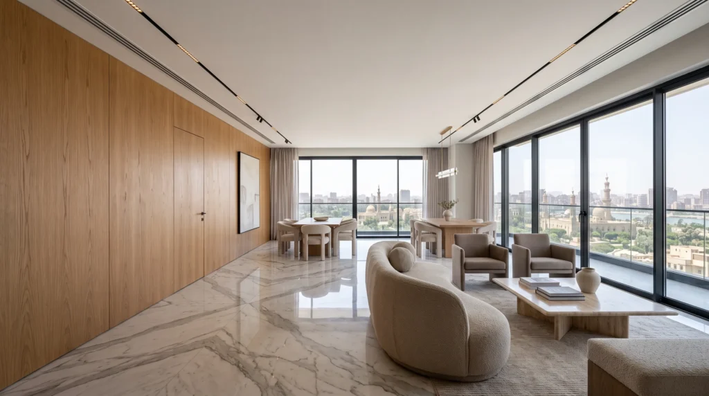Turnkey interior design project in Egypt featuring luxury open plan finishes and architectural lighting