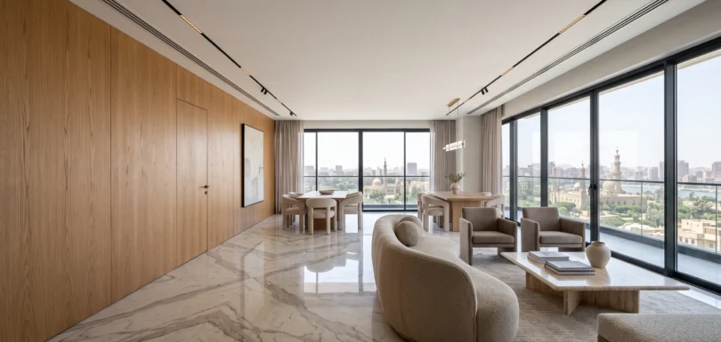 Turnkey interior design project in Egypt featuring luxury open plan finishes and architectural lighting