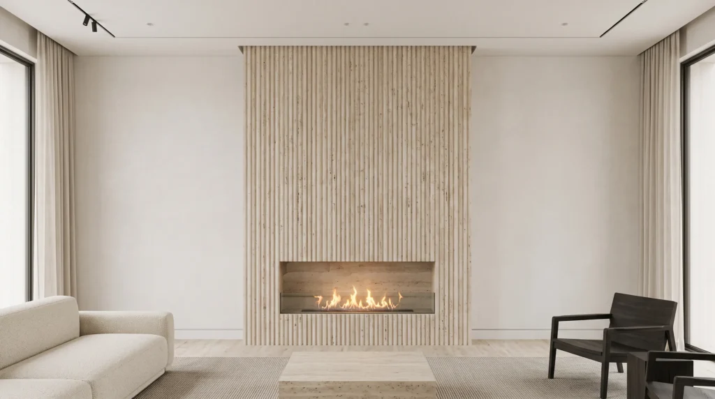Minimalist villa living room showcasing a single fluted travertine feature wall contrasted with quiet off-white plaster surfaces and flush baseboards.