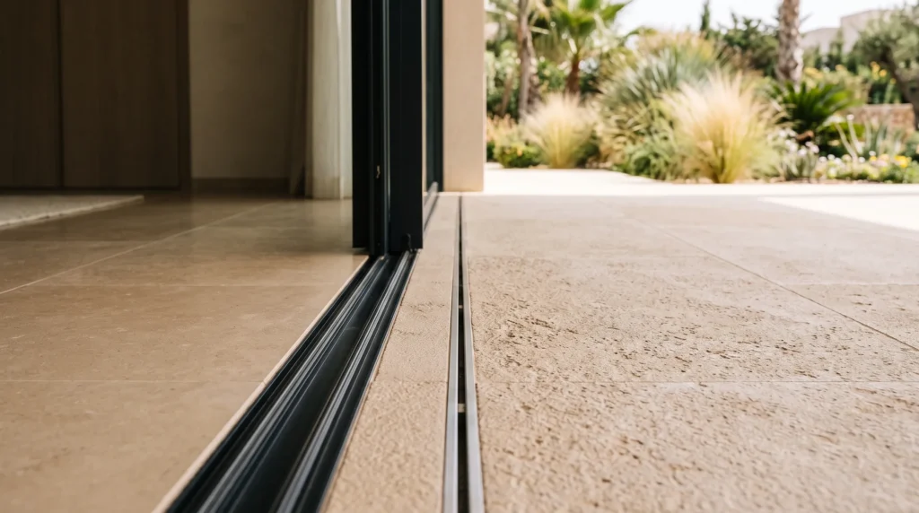 Close architectural view of a flush recessed floor threshold, hidden drainage channel, and weather-resistant transition between interior marble and garden terrace.