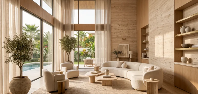 EN: Modern luxury villa living room interior design in Sheikh Zayed featuring double-height ceiling and pool view