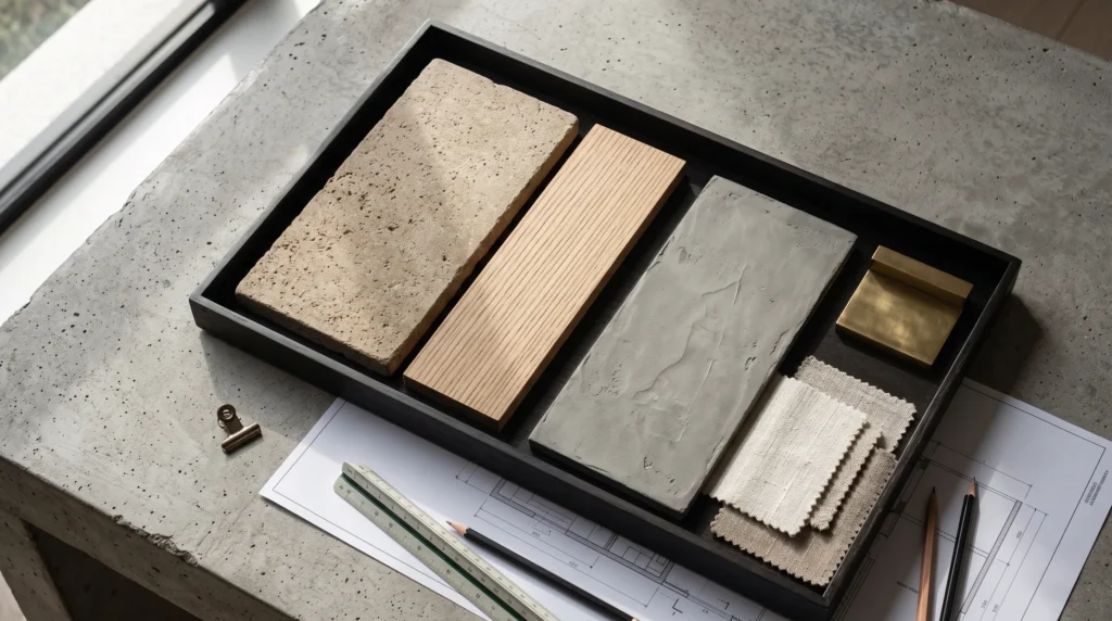 Architectural interior material board featuring real tactile samples of Egyptian limestone, fluted natural oak, micro-topping plaster, and raw linen fabric swatches.