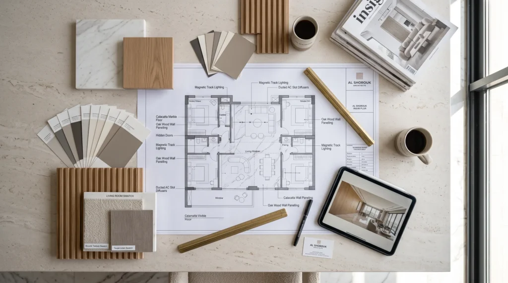 High-end interior design documentation and material samples for a residential villa fit out in Egypt