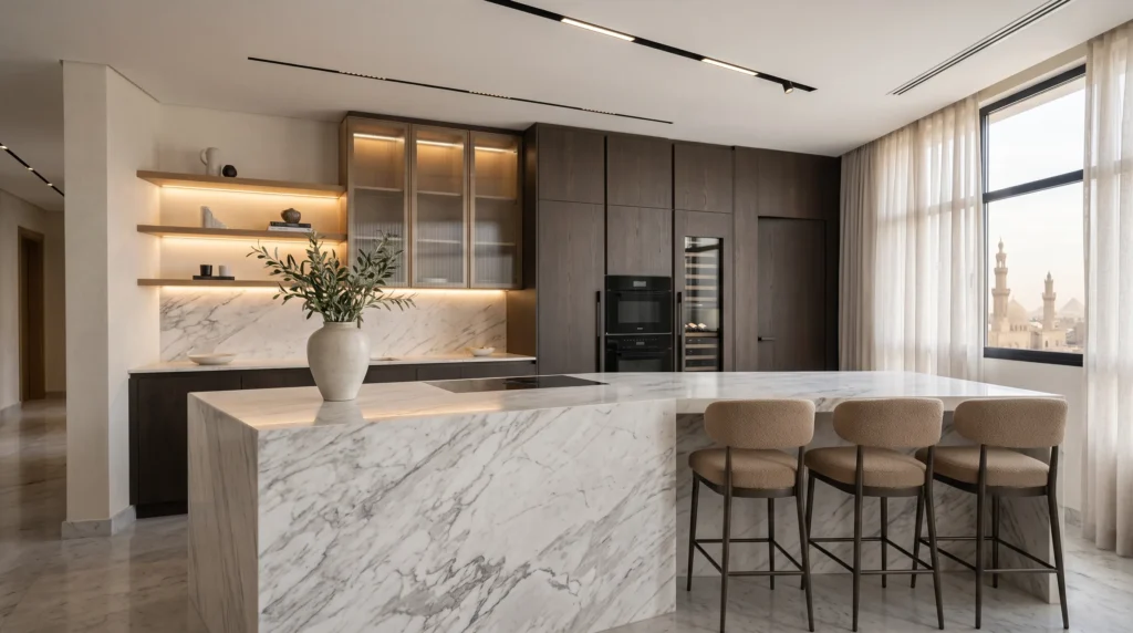 Modern luxury open kitchen fit out featuring bespoke oak cabinetry, seamless marble island, and integrated appliances