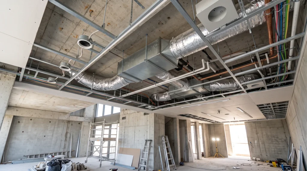 Suspended gypsum ceiling void showing ducted air conditioning, condensate pipework and lighting recesses coordinated on site